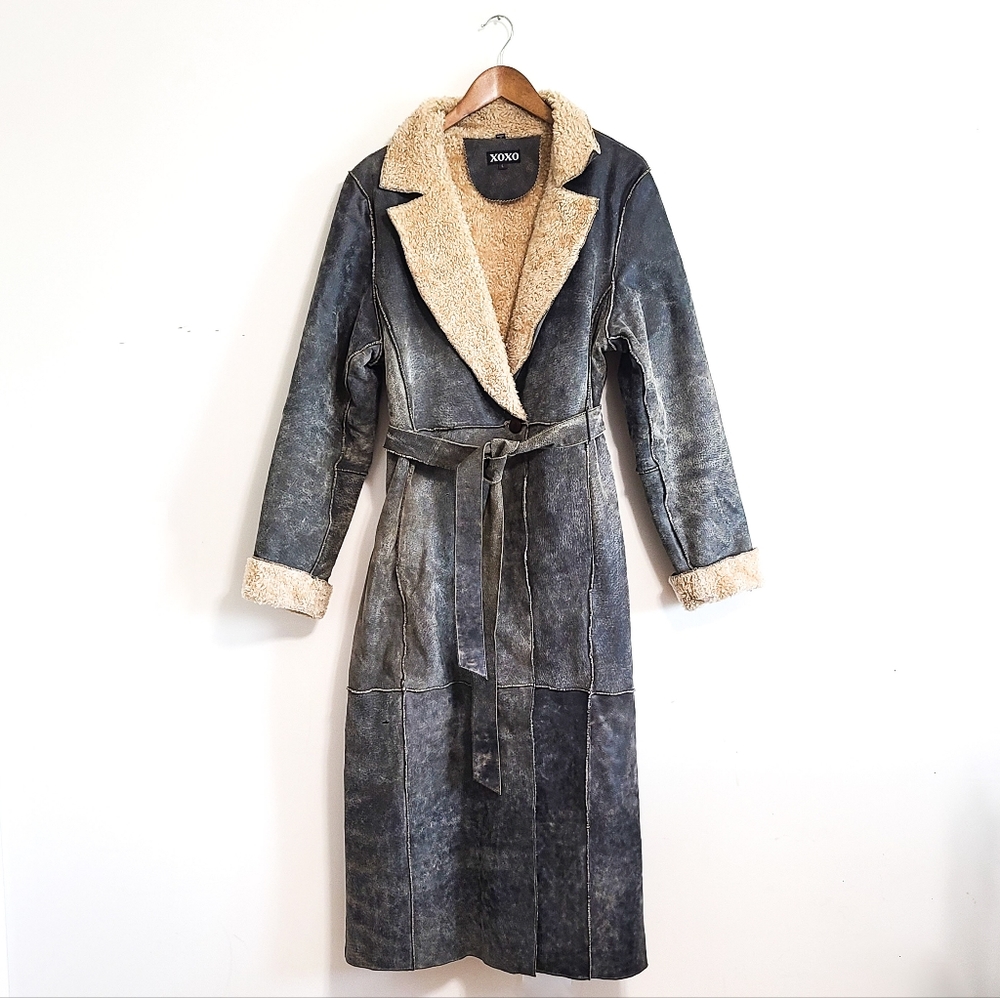 XOXO Nubuck LEATHER SUEDED Charcoal Shearling LONG Trench Coat